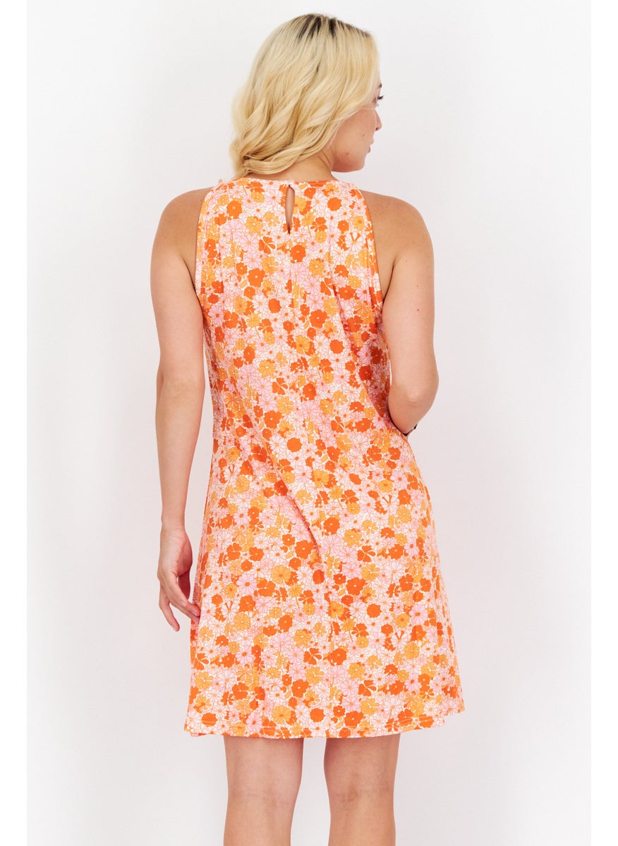 PIECES Women Floral Printed Mini Dress, Orange Combo  - Image 3