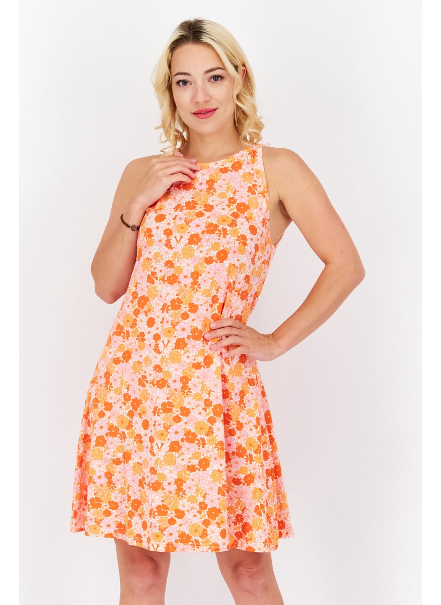 PIECES Women Floral Printed Mini Dress, Orange Combo  - Image 1