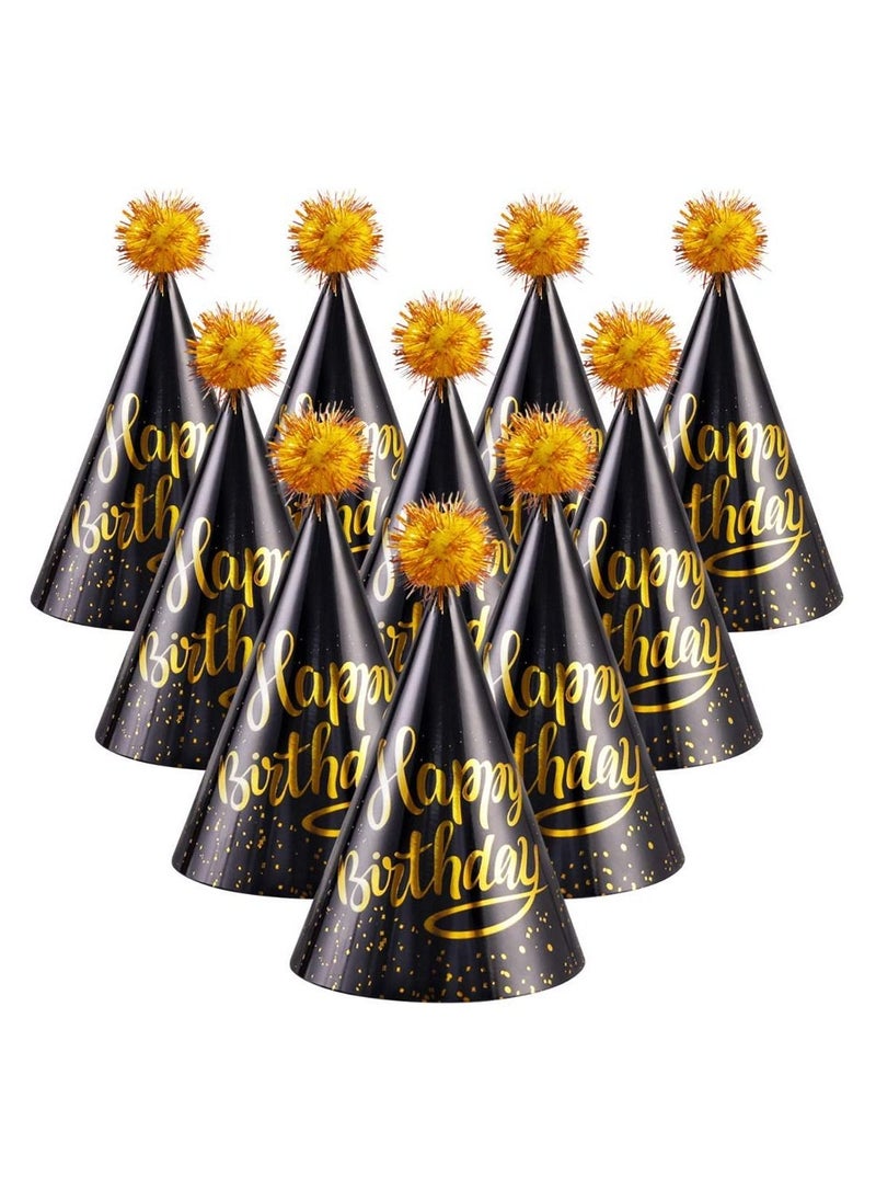SYOSI Birthday Party Hats Fun Celebration Kit of 10 Black and Gold Happy Cone for Kids Supplies Decorations  - Image 1