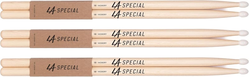 PROMARK LA SPECIALS 5B Hickory Drumsticks, Oval Nylon Tip, Three Pairs - Image 1