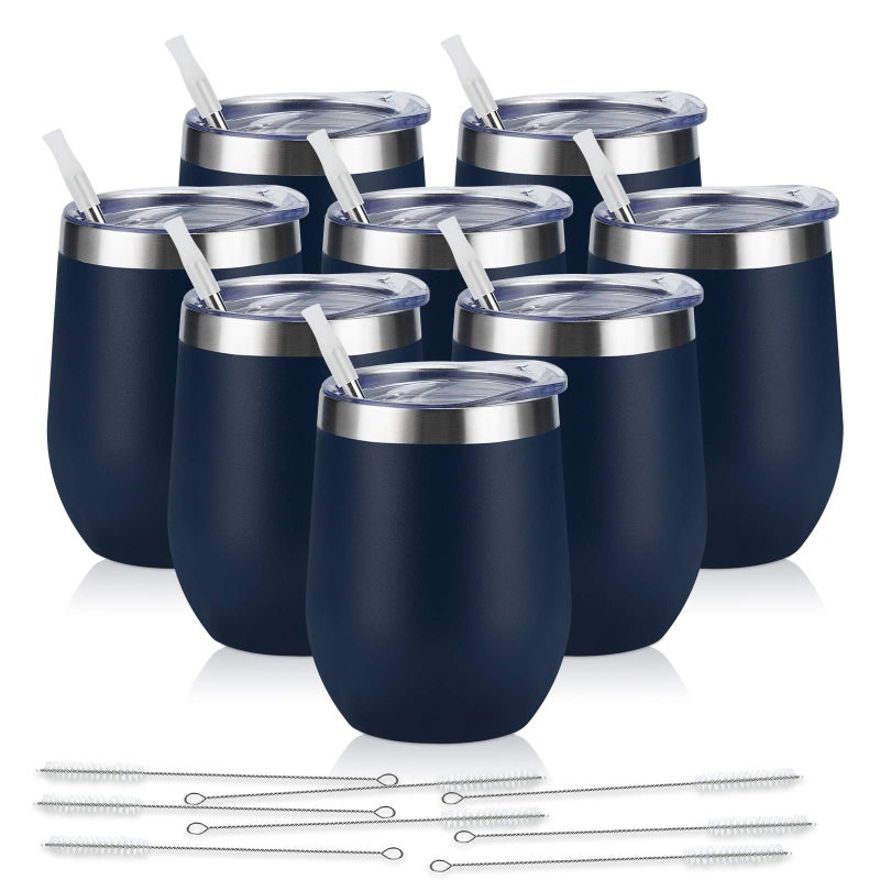 8 Pack 12Oz Stainless Steel Wine Tumblers Insulated Wine Tumbler Double Wall Insulated Wine Glass Stainless Steel Stemless Wine Cups with Lids for Coffee Wine Cocktails Champaign Black