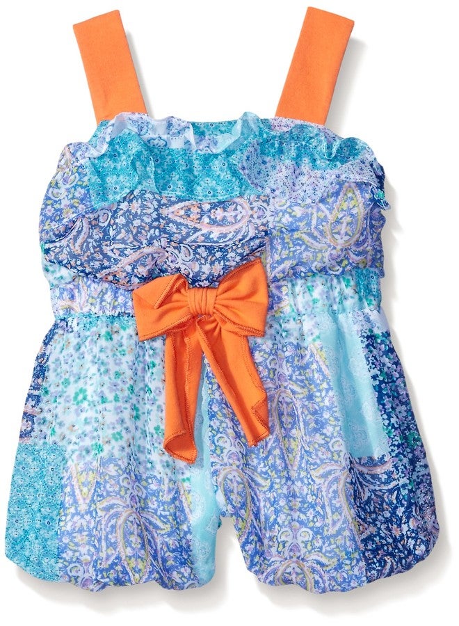 Rare Editions Baby Girls' Little Patch Print Chiffon Romper, Blue/Orange, 18 Months - Image 1
