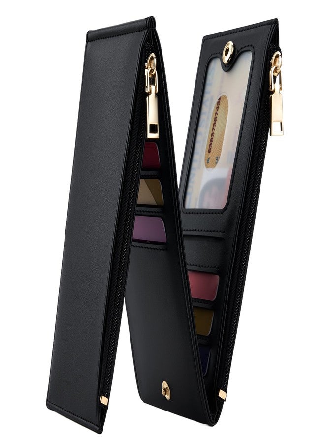 Mayski Slim RFID Wallet Women Small Credit Card Holder Trifold N Shaped Card Case with Zipper Pocket(Black) - Image 1