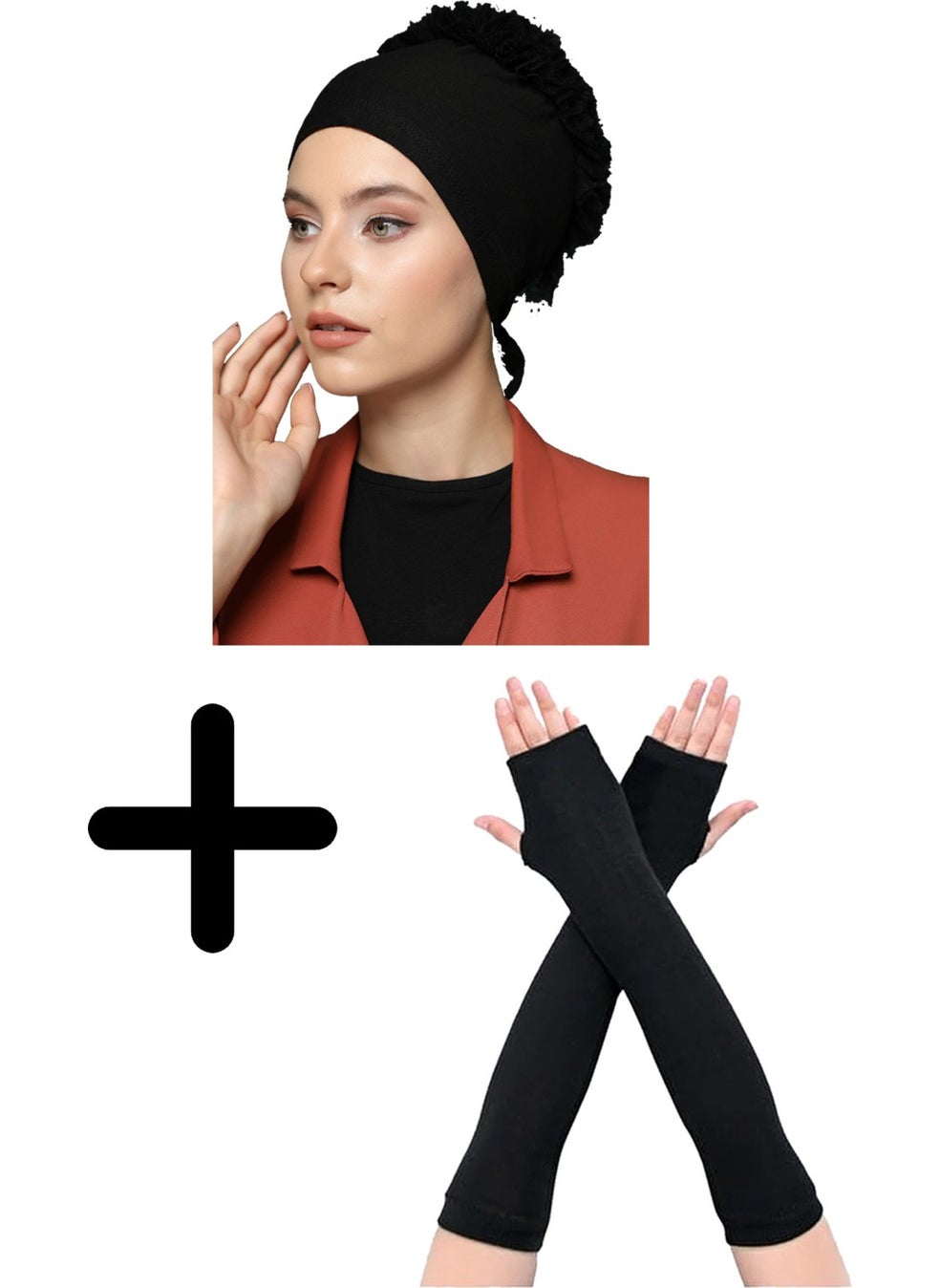 Belifanti Collection Women's Combed Cotton Frilly Bonnet Prayer Sleeve Black Set of 2  - Image 1