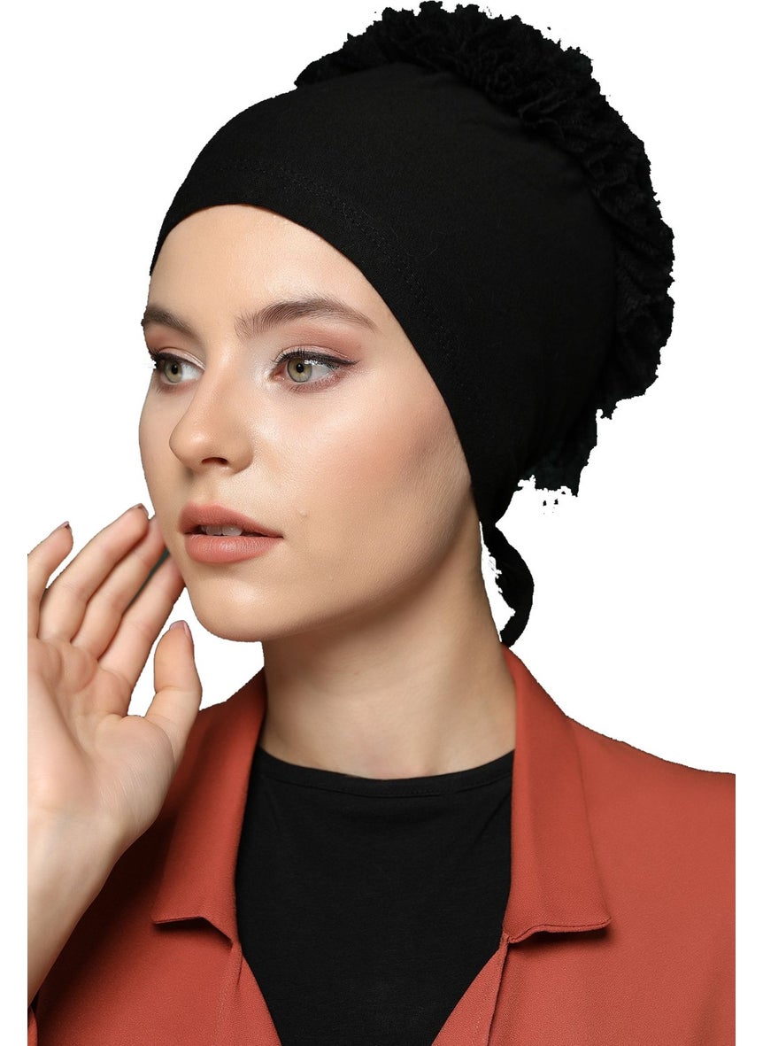 Belifanti Collection Women's Combed Cotton Frilly Bonnet Prayer Sleeve Black Set of 2  - Image 2