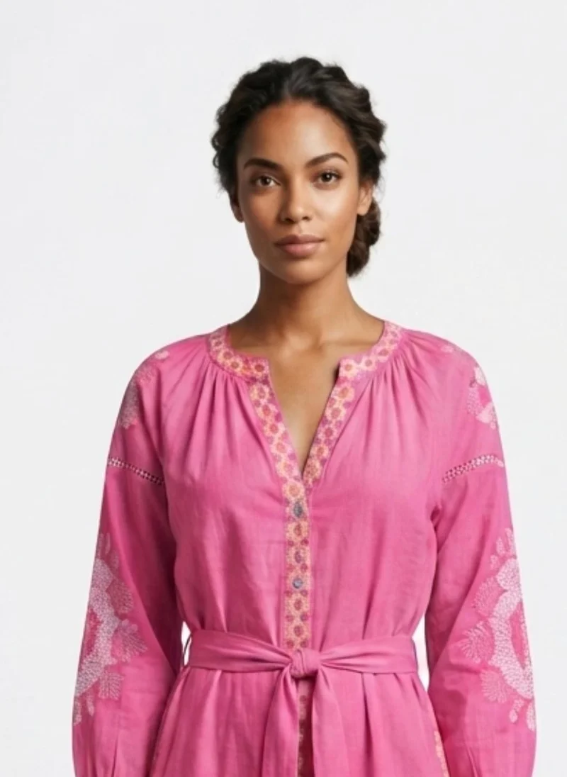 Alaya hot pink Women Embroidered With Belt Cotton Rayon Dress -AL3722 for Women | Best Price UAE