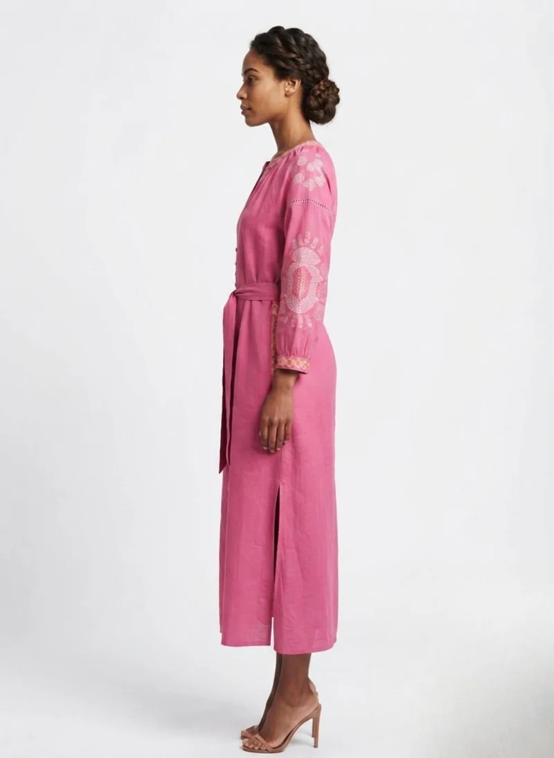 Alaya hot pink Women Embroidered With Belt Cotton Rayon Dress -AL3722 for Women | Best Price UAE