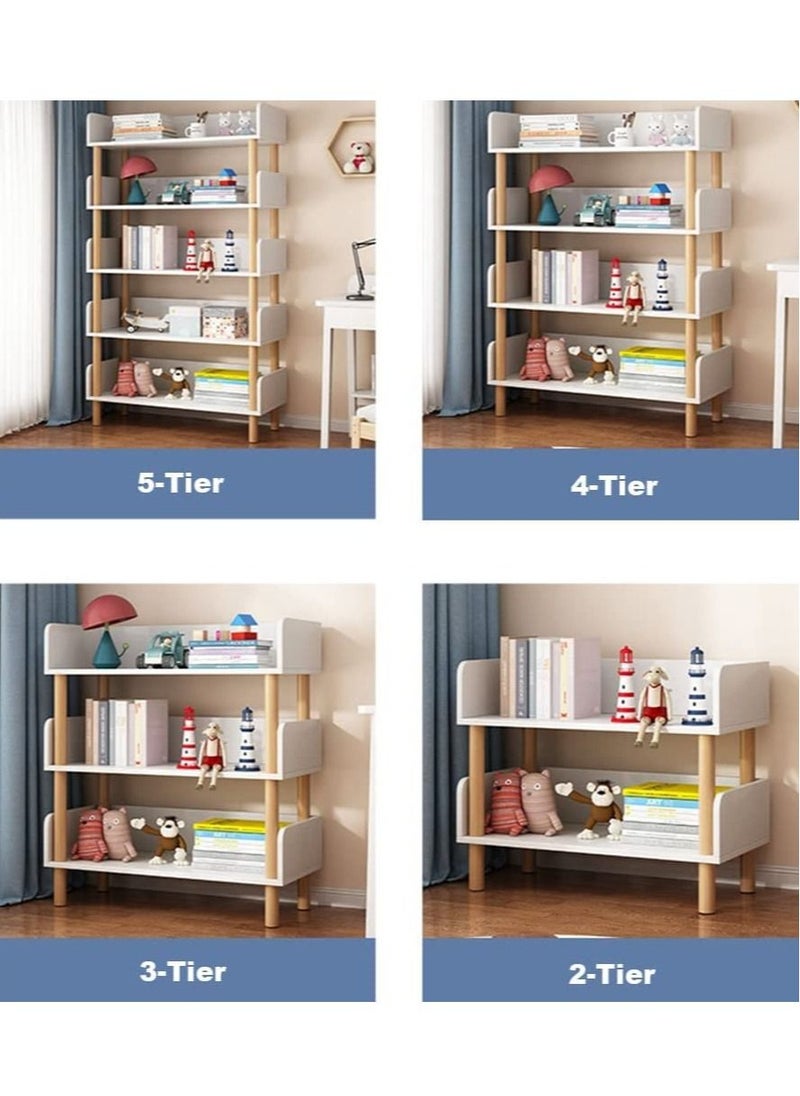 Bookshelf Item Shelf Large Storage 3-Tier 4-Tier 5-Tier Large Storage Stylish Bookshelf Solid Wood Structure Stable for Family Living Room Student Office Easy Assemble (White, 5-Tier)