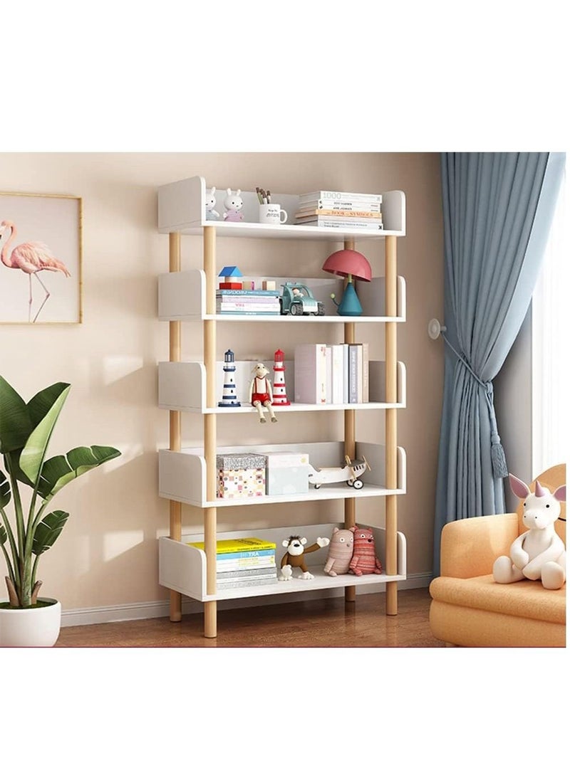 Bookshelf Item Shelf Large Storage 3-Tier 4-Tier 5-Tier Large Storage Stylish Bookshelf Solid Wood Structure Stable for Family Living Room Student Office Easy Assemble (White, 5-Tier)