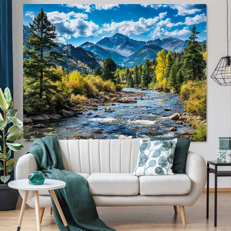 AMM Nature Forest Mountain Tapestry Green Pine Tree Tapestry for Bedroom Aesthetic White Clouds Flowing River Landscape Classroom Tapestries Wall Hanging for Living Room Dorm Office - Image 3
