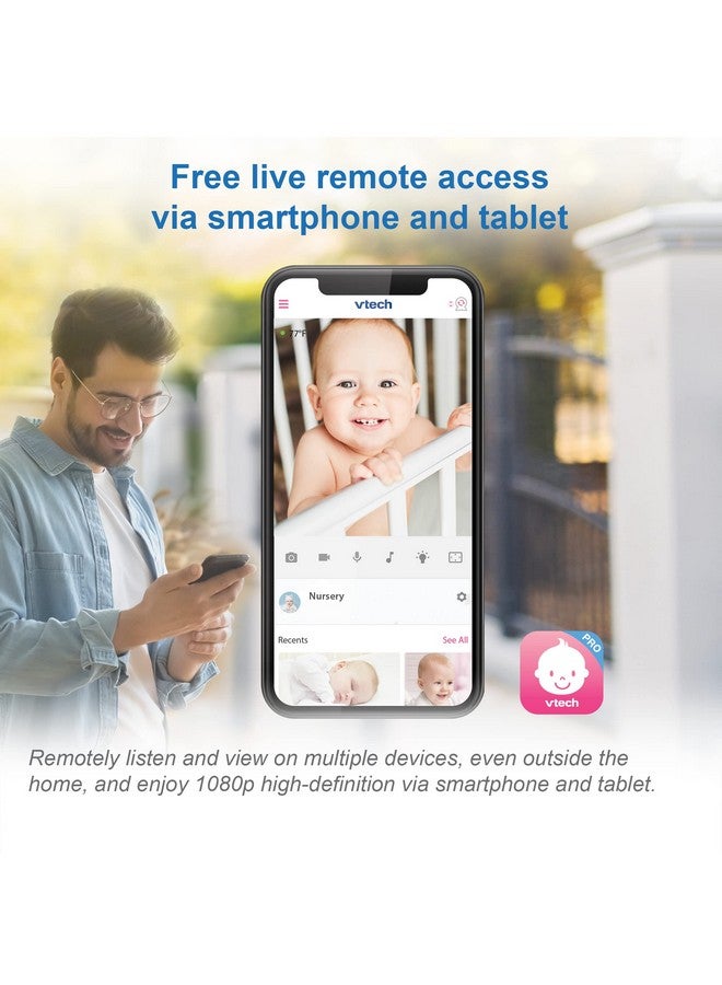 vtech كاميرا بيبي ذكية واي فاي من في تيك RM9751، زهرية صفراء، تدعم iOS و Android، دقة 1080p عالية الوضوح، غطاء وضع الخصوصية، ضوء ليلي، أصوات مهدئة وأغاني مهدئة، جهاز اتصال ثنائي الاتجاه، حساس درجة الحرارة، رؤية ليلية - Image 2