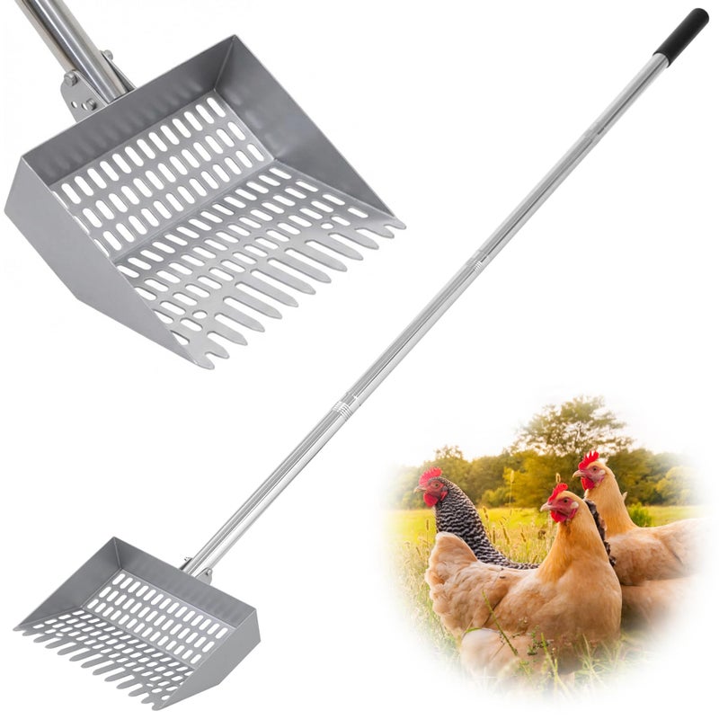 CKLT Chicken Poop Scooper Spring Steel Sifting Shovel with 3 Adjustable Angle, 38-66in Extendable Stainless Steel Handle, Professional Poultry Litter Cleaner for Chicken Coop, Duck, Goat & Sand - Image 1