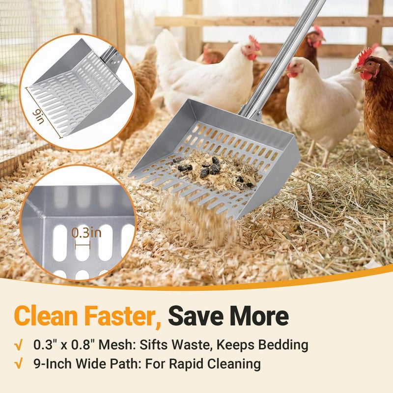 CKLT Chicken Poop Scooper Spring Steel Sifting Shovel with 3 Adjustable Angle, 38-66in Extendable Stainless Steel Handle, Professional Poultry Litter Cleaner for Chicken Coop, Duck, Goat & Sand - Image 4