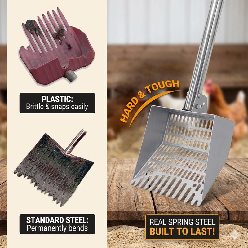 CKLT Chicken Poop Scooper Spring Steel Sifting Shovel with 3 Adjustable Angle, 38-66in Extendable Stainless Steel Handle, Professional Poultry Litter Cleaner for Chicken Coop, Duck, Goat & Sand - Image 3