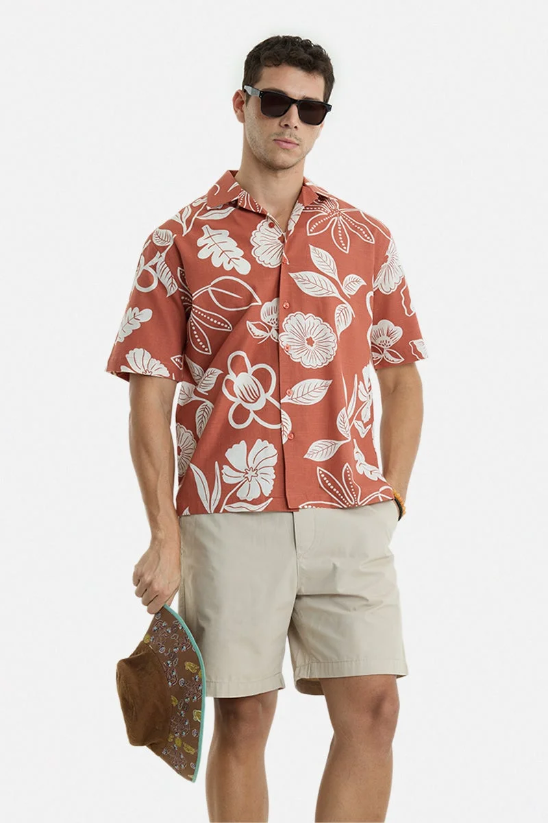 سنيتش Rust Floral Half Sleeve Boxy Vacation Shirt