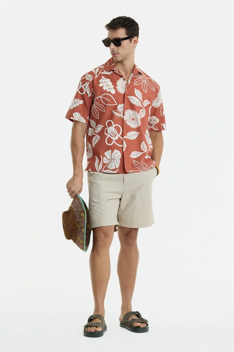 سنيتش Rust Floral Half Sleeve Boxy Vacation Shirt