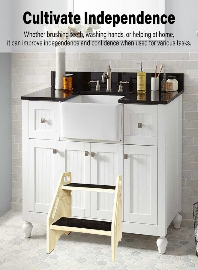 kimitimi Wooden Two Step Stool for Kids Toddler with Handle & Non-Slip Pads, Portable Steping Stool for Bathroom, Kitchen, Durable and Safe - Image 4