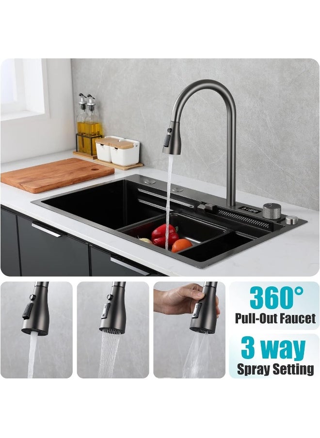 Generic Smart Nono Kitchen Sink Black With Led Temperature Display, 304 Stainless Steel Waterfall Kitchen Sink Workstation With Pull Out Mixer Tap Large Single Bowl Sink For Kitchen 80 * 48Cm  - Image 5