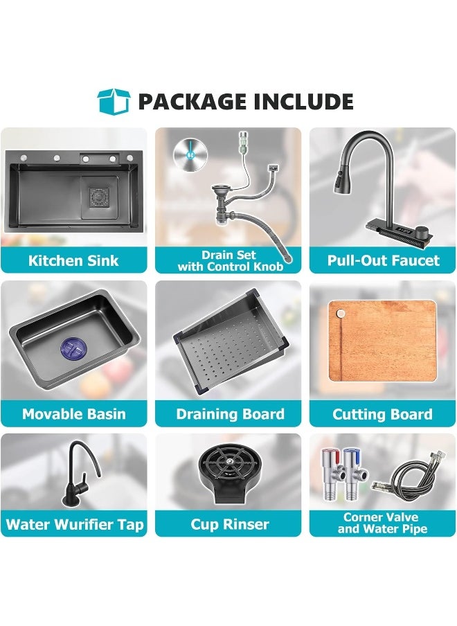 Generic Smart Nono Kitchen Sink Black With Led Temperature Display, 304 Stainless Steel Waterfall Kitchen Sink Workstation With Pull Out Mixer Tap Large Single Bowl Sink For Kitchen 80 * 48Cm  - Image 4