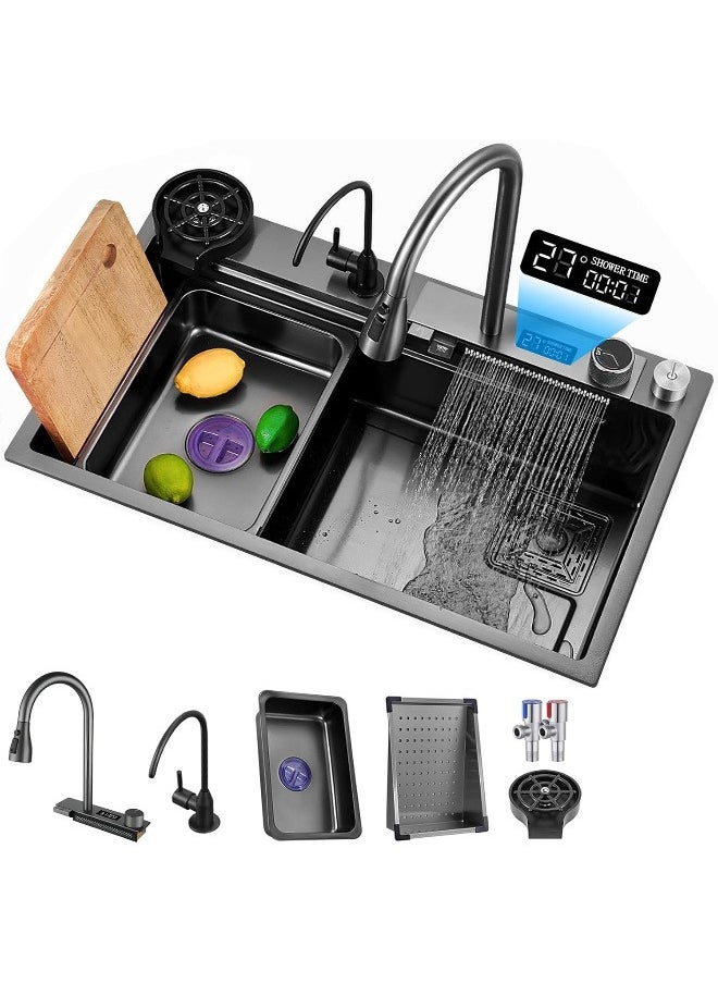 Generic Smart Nono Kitchen Sink Black With Led Temperature Display, 304 Stainless Steel Waterfall Kitchen Sink Workstation With Pull Out Mixer Tap Large Single Bowl Sink For Kitchen 80 * 48Cm  - Image 1