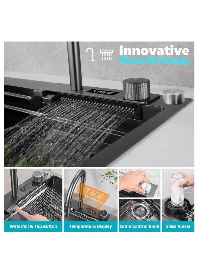 Generic Smart Nono Kitchen Sink Black With Led Temperature Display, 304 Stainless Steel Waterfall Kitchen Sink Workstation With Pull Out Mixer Tap Large Single Bowl Sink For Kitchen 80 * 48Cm  - Image 2