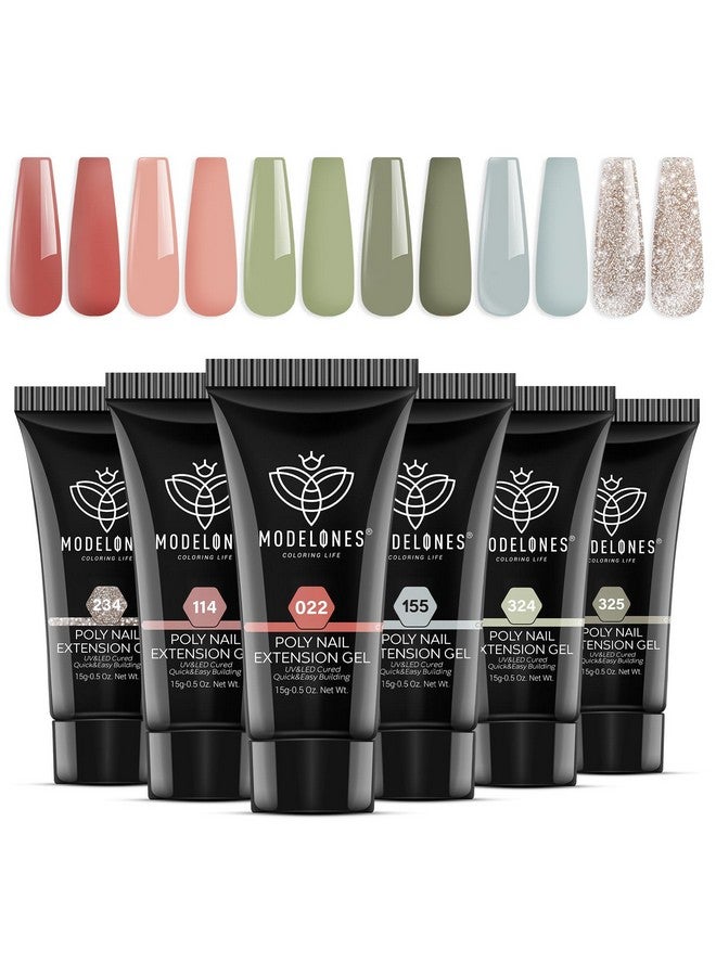 modelones 6 Colors Poly Nail Gel Set Poly Nail Extension Gel Colors Tubes Kit Glitter Nude Coral Green Light Blue All Seasons Manicure Salon At Home - Image 1