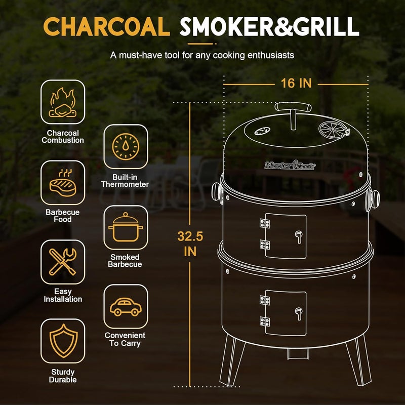 MASTER COOK 16 inch Charcoal Smoker, Vertical BBQ Grill, Heavy Duty 4 In 1 Fire Pit with built-in Thermometer & Adjustable Vent System for Backyard Patio Camping - Image 4