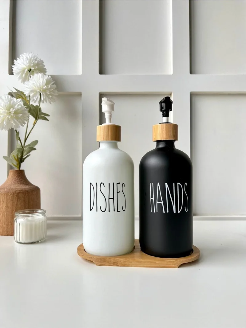 موتوجو Glass 2-Piece Black and White Bamboo Base Soap Dish Set | Hands Dishes Black