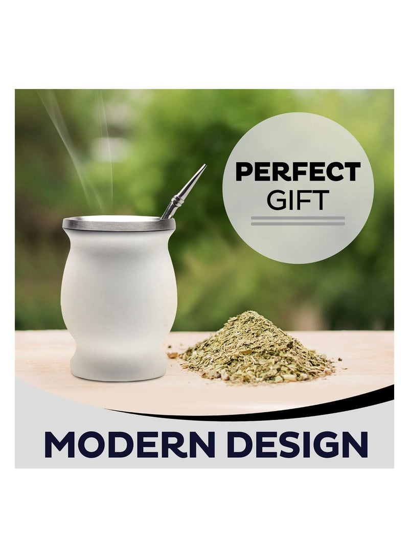 KASTWAVE Yerba Mate Tea Cup 230ml White Color Stainless Steel Double Walled Easy Wash Household Insulation Cup Mate Gourds For Yerba Mate Loose Leaf Drinking With Bombilla Straw - Image 3
