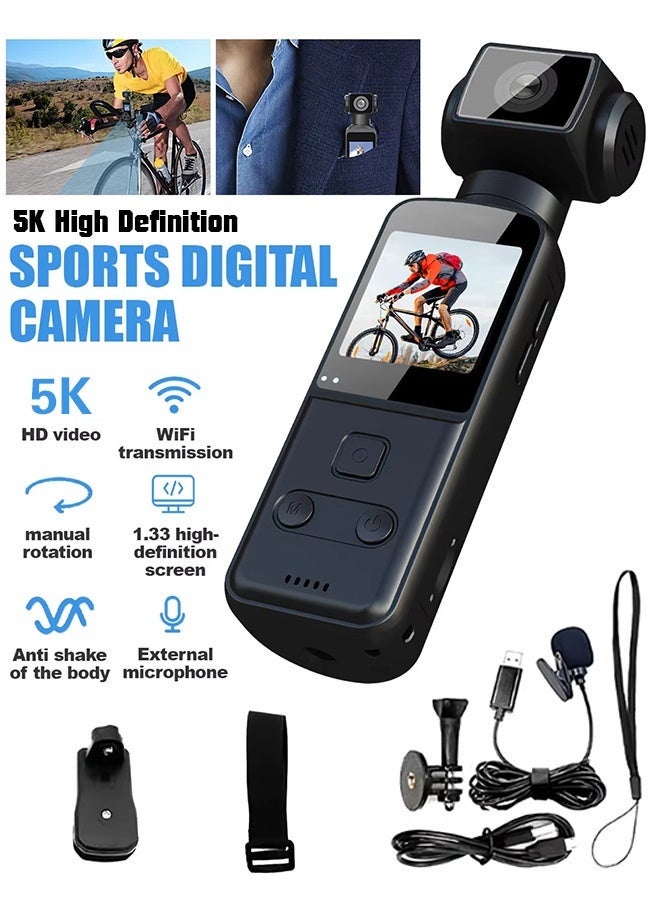 Vlogging Action Camera with 1.33-inch Screen, Handheld 5K Video Camera Camcorder, UHD 5K 60fps WiFi, Pocket Digital Body Camera, 270° Rotable Lens, 6-Axis Gyroscope, Mic Included, Included 128G TF Card, for Photography - Image 2