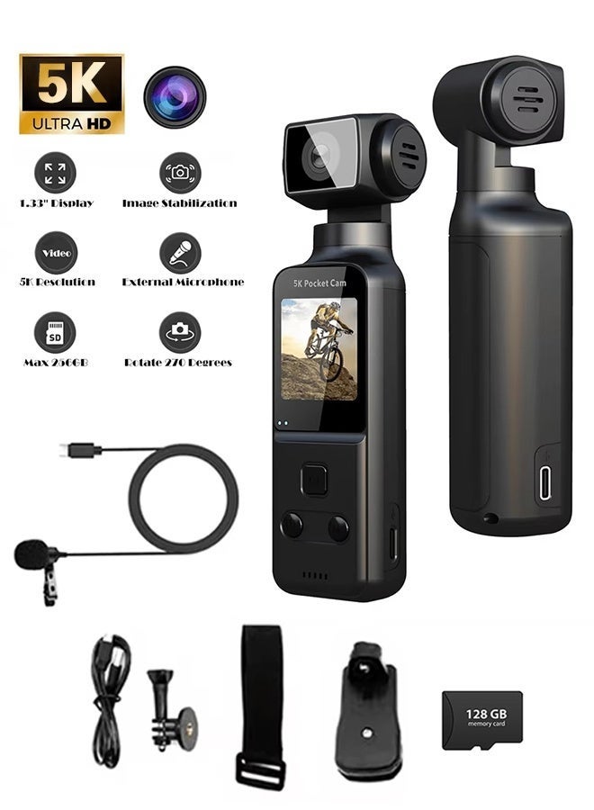 Vlogging Action Camera with 1.33-inch Screen, Handheld 5K Video Camera Camcorder, UHD 5K 60fps WiFi, Pocket Digital Body Camera, 270° Rotable Lens, 6-Axis Gyroscope, Mic Included, Included 128G TF Card, for Photography - Image 1