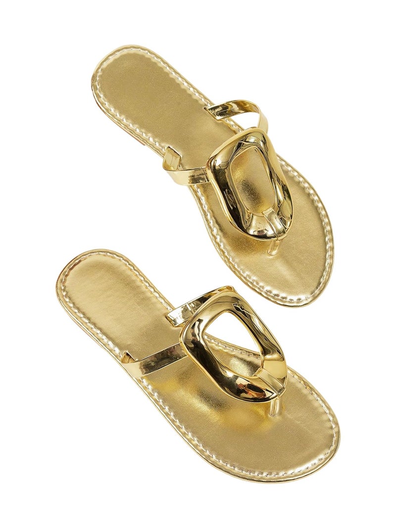 OYOANGLE Women's Metal Ring Flip Flops Metallic Open Toe Comfy Vacation Dressy Slide Sandals Gold 9 - Image 1