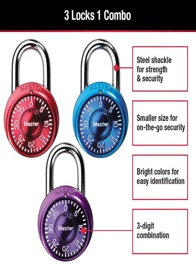 Master Lock Padlock, Mini Dial Combination Lock for Gym or School Lockers, Small Lock is 1-9/16 Inches Wide, Color Assortment Pack, (Pack of 3), 1533TRI - Image 2