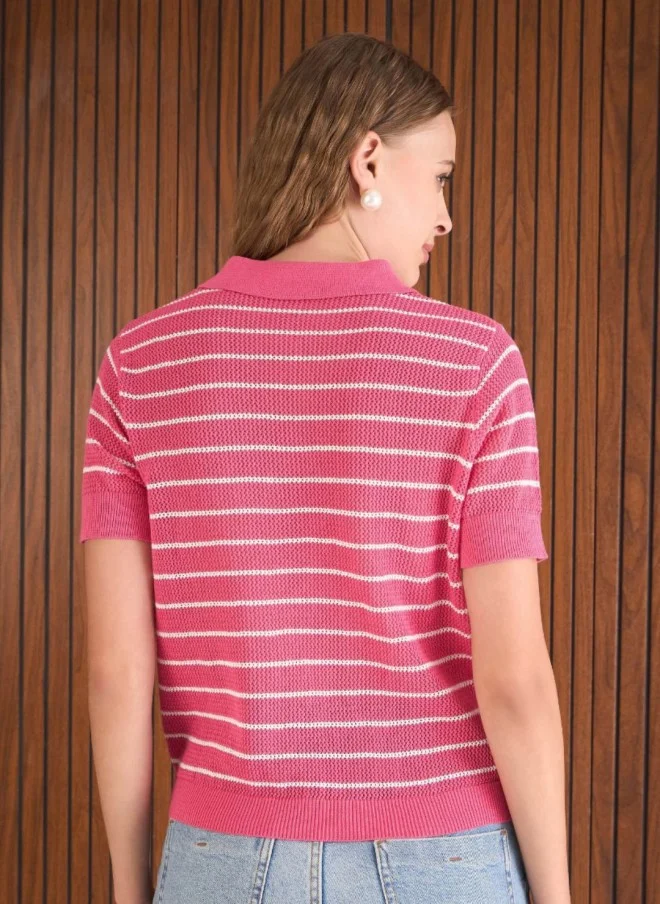 SASSAFRAS Pink Striped Polo Collar T-Shirt for Women