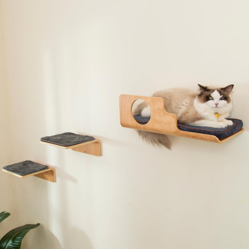 LIORCE Cat Wall Shelves with 2 Steps, Creative Design Cat Shelf with Peephole, 19 x 10 inch Cats Wall Furniture with Comfortable Pad, Cats Perch for Sleeping, Playing, and Scratching. - Image 1