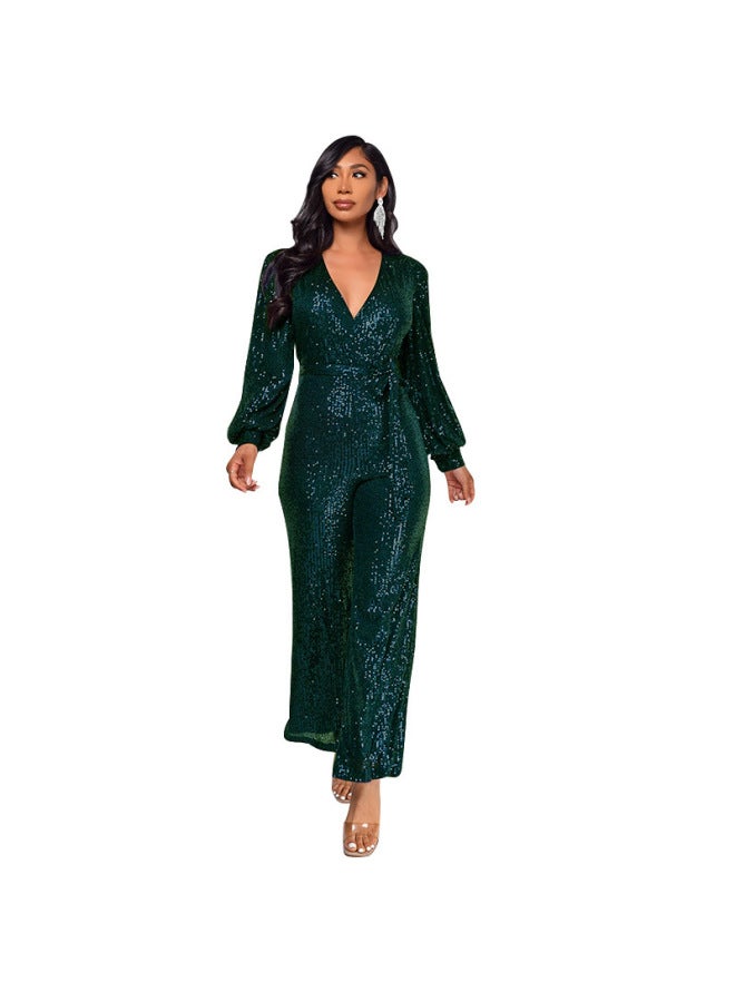 Style Deep V Fashion Casual Jumpsuit European And American Long Sleeve Belt Sequined Jumpsuit Women's Clothing