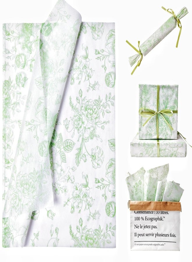 EROMAP 100 Sheets Sage Green Floral Tissue Paper Bulk Chinoiserie Gift Wrapping Paper for Gift Bags Green White Flowers Patterned for Baby Shower Wedding Birthday Party Decor, 14 x 20 Inch - Image 1