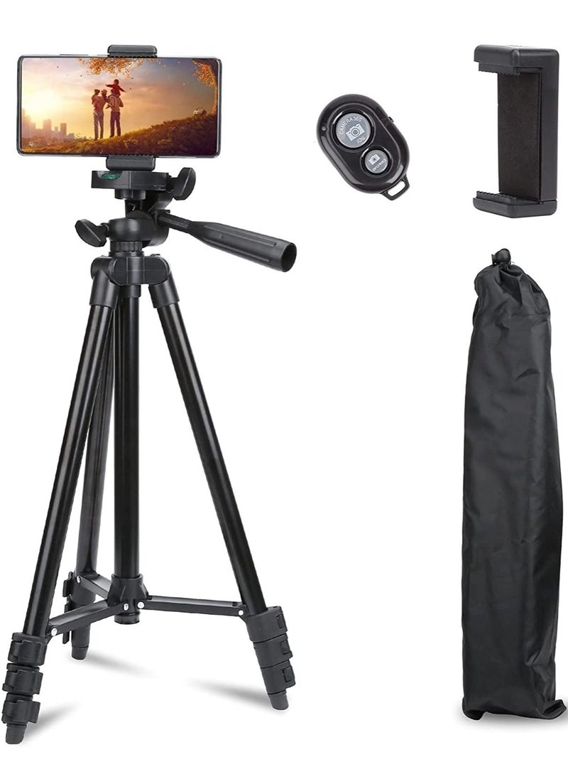 Phone Tripod, 50" Extendable Travel Video Tripod Stand for Phone and Camera with Bluetooth Remote Shutter and Phone Clip, Compatible with iPhone & Android Phone - Image 1
