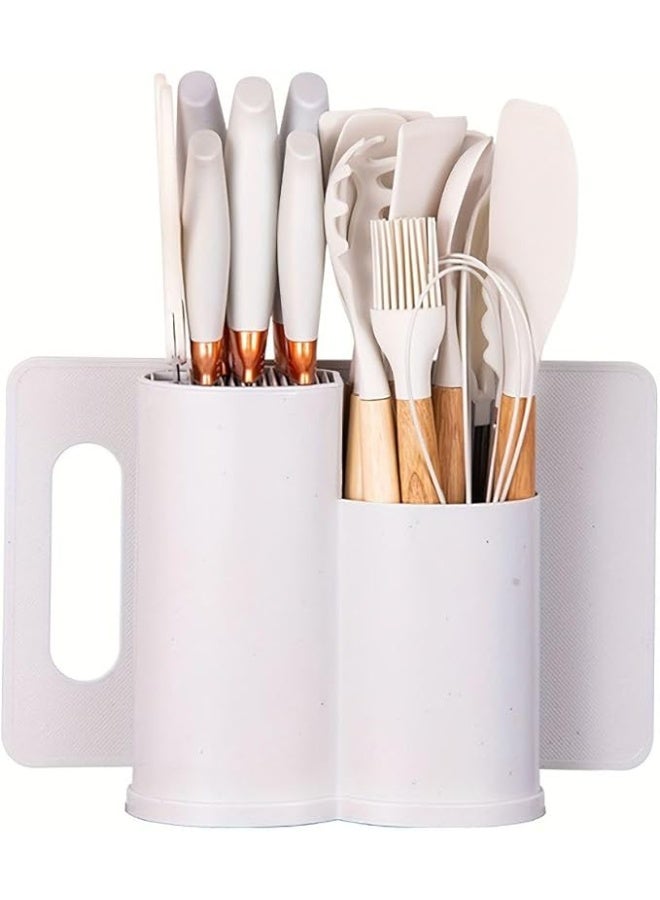 Spaceshoop 19 Pcs Kitchen Utensils Spatula Knife Kitchen Spoon Gadgets Kitchen Gadgets Silicone Whisk Accessory Wooden Stand (White) - Image 1