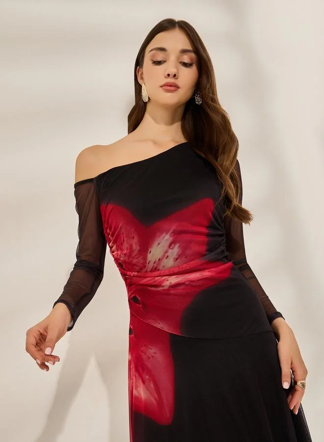 Styli  Floral Print One Shoulder Mesh Midi Dress for Women | Best Price UAE
