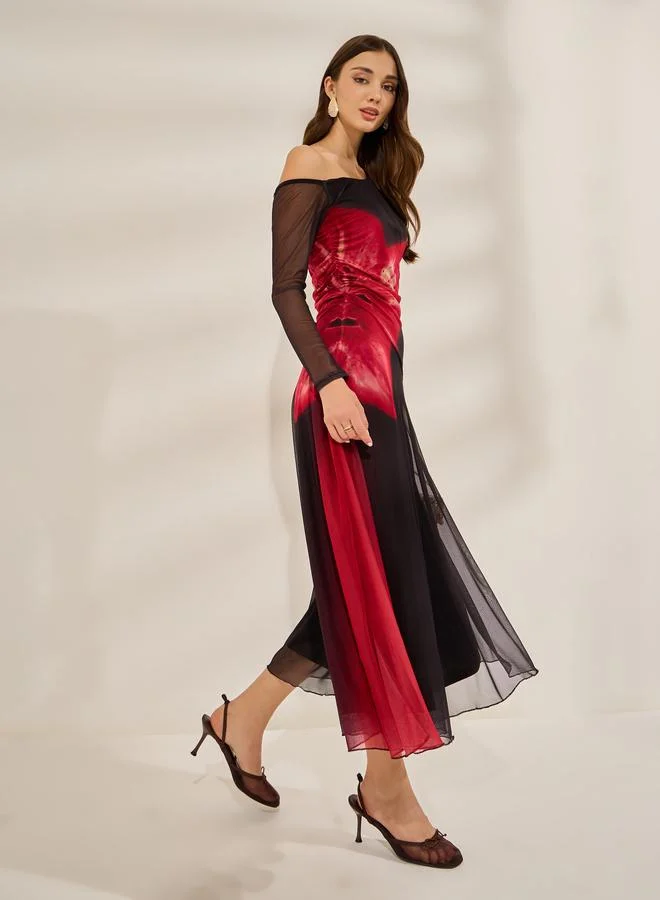 ستايلي فستان ميدي شبكي بكتف واحد وطبعة زهور