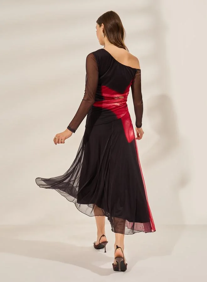 Styli  Floral Print One Shoulder Mesh Midi Dress for Women | Best Price UAE