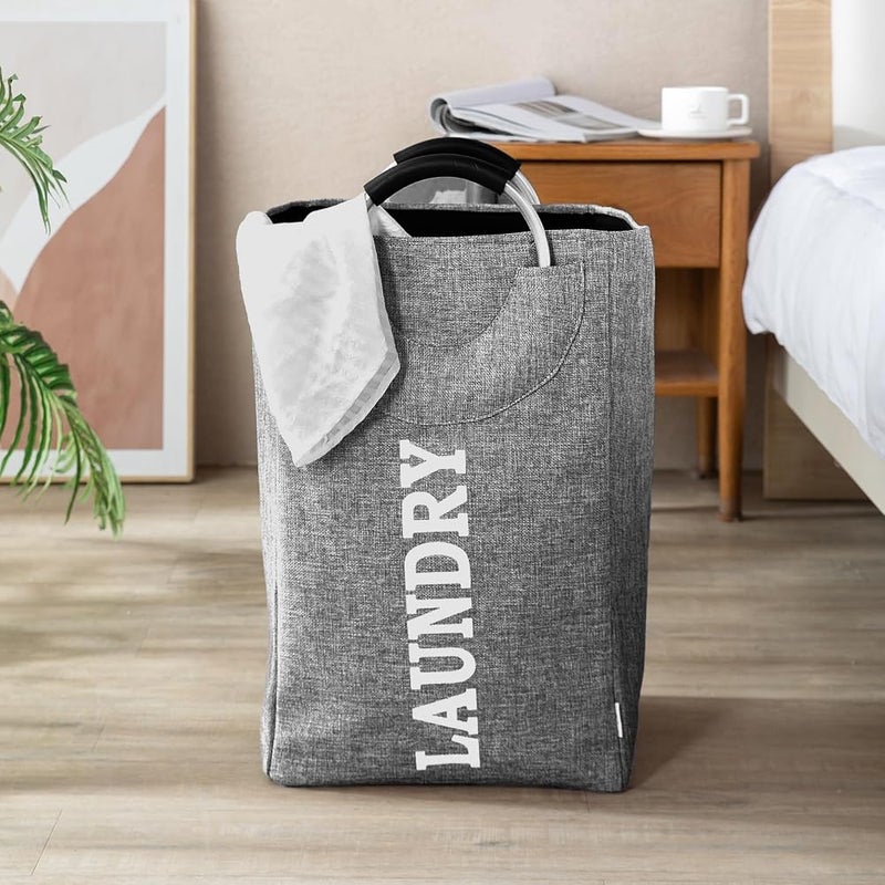 GOGO Laundry Basket Foldable Laundry Basket with Handle Large Capacity Dirty Clothes Basket Storage Bag Waterproof Home Laundry Organizer Hamp 32x25x50Cm Grey - Image 3