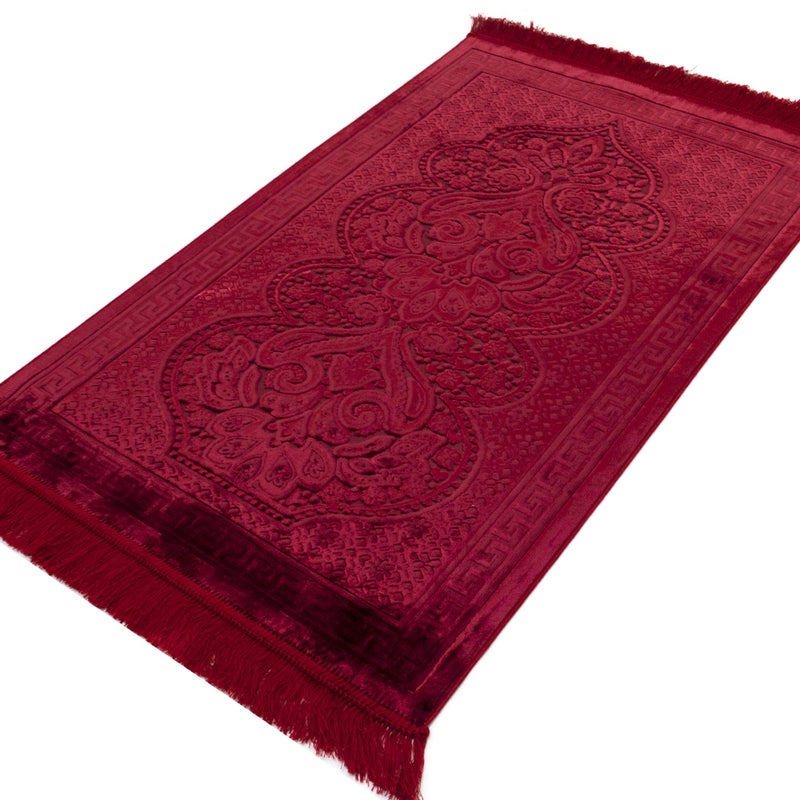 Modefa Velvet Islamic Prayer Rug with Prayer Beads Turkish Janamaz Sajadah Floral Luxury Plush Paisley (Red) - Image 4