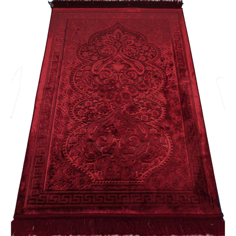 Modefa Velvet Islamic Prayer Rug with Prayer Beads Turkish Janamaz Sajadah Floral Luxury Plush Paisley (Red) - Image 1
