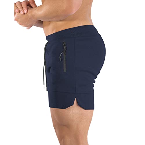 PIDOGYM Men's 5" Gym Workout Shorts,Fitted Jogging Short Pants for Bodybuilding Running Training with Zipper Pockets Navy Blue - Image 2
