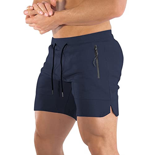 PIDOGYM Men's 5" Gym Workout Shorts,Fitted Jogging Short Pants for Bodybuilding Running Training with Zipper Pockets Navy Blue - Image 1