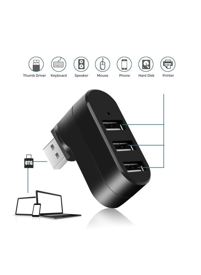Rotating Mini USB 2.0 HUB 3 Port HUB Laptop Usb2.0 Expansion Splitter-Number Of Interfaces:Rotating 3-port Black Bag