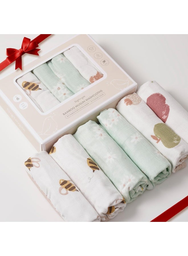Nightingale Baby Washcloths, Rayon from Bamboo Baby Clothes Organic Wash Cloths with Cotton, Newborn Bath Essentials, Burping Cloths for Babies, Face Towels Reusable 12"x12" (Bee) - 6 Pack ( Bee-Fruit-Daisy (box)) - Image 1
