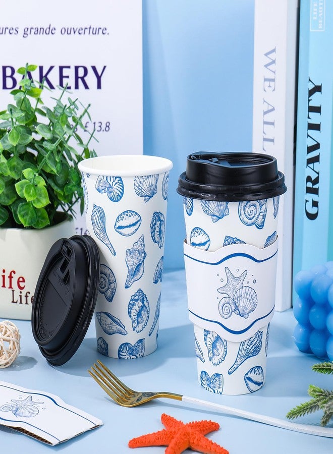 FYSUIMU 50 Set Blue Ocean Disposable Coffee Cups with Lids and Sleeves Seashell Starfish Paper Drinking Cups for Summer Beach Birthday Baby Shower Party Supplies, 16 Oz - Image 4